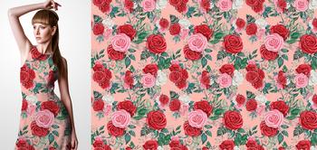 33228 Materiał ze wzorem malowane kwiaty (piwonie, róża) i liście na różowym tle